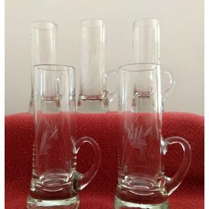 ETCHED Clear Crystal Cordial Aperitif Shot Glass w/ Handles 4"H Vintage Set of 5